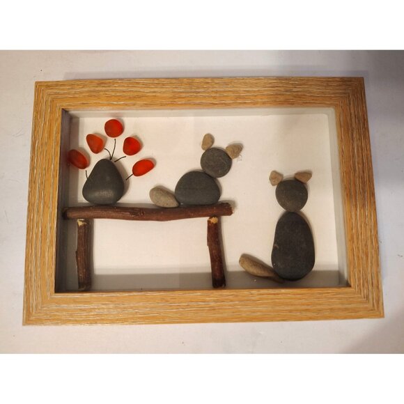 Handmade Rock Pebble Framed Art, 2 Cats, Table, Red Flowers in Vase, Nature Boho - Picture 1 of 2
